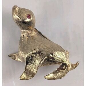Vintage JJ Jonette Seal Sea Lion Brooch Gold Tone Figural Animal Pin
